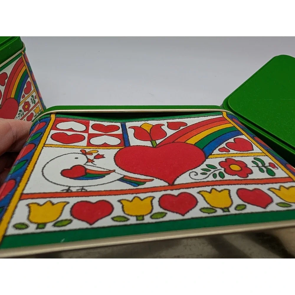 Potpourri Press Tin Canister Lot Green Hearts Rainbow Birds Tulips 3 Piece